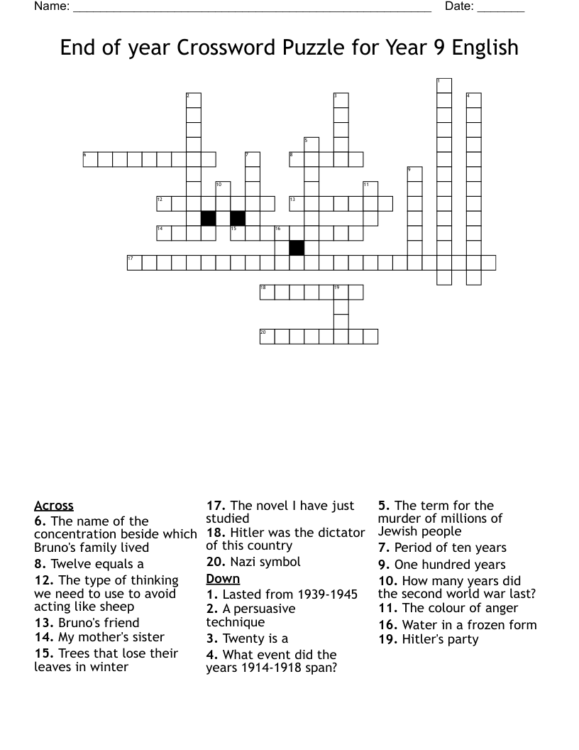 End of year Crossword Puzzle for Year 9 English