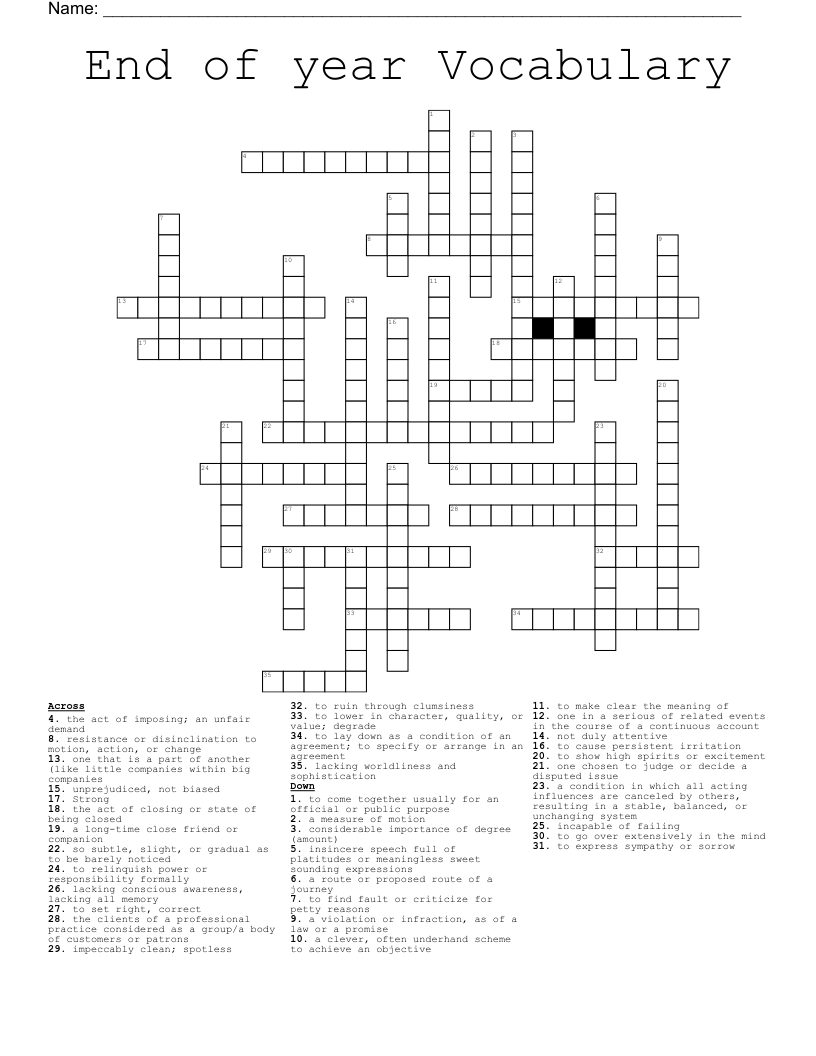 End of year Vocabulary Crossword