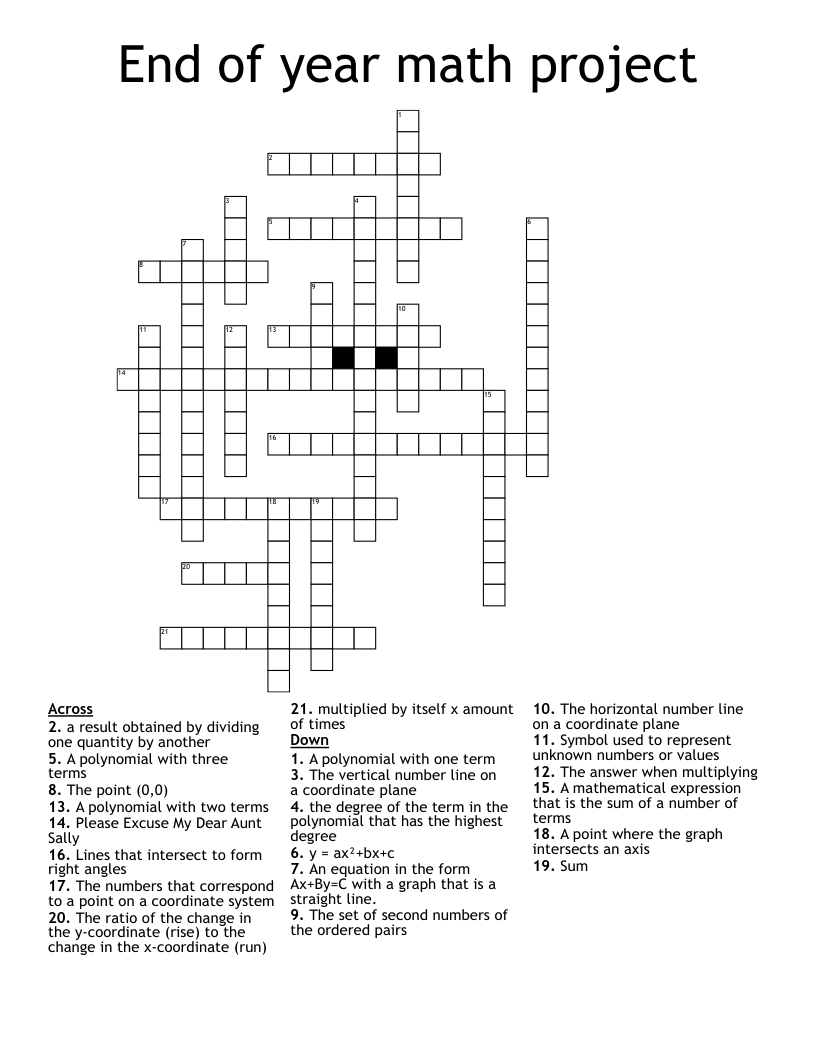 End of year math project Crossword