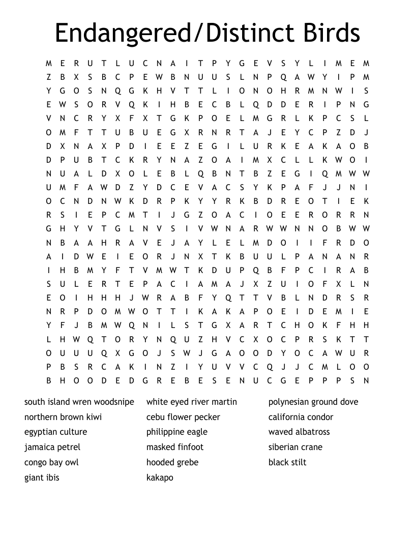 Endangered/Distinct Birds  Word Search