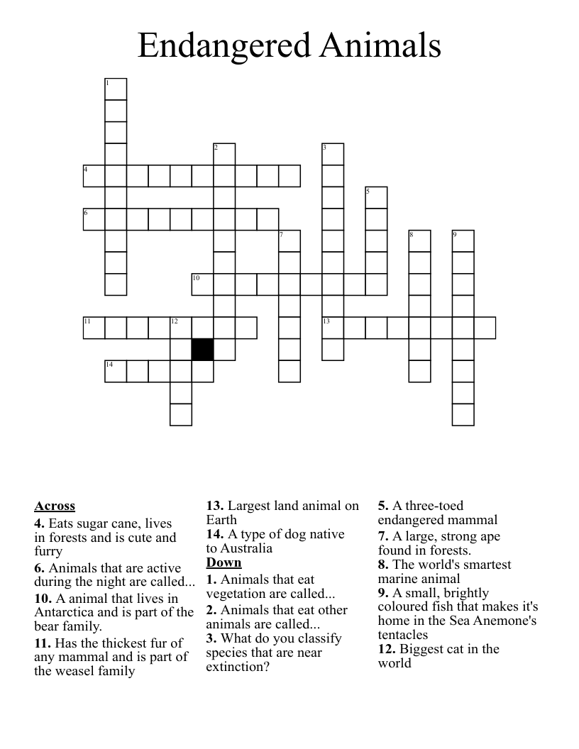 Endangered Animals Crossword