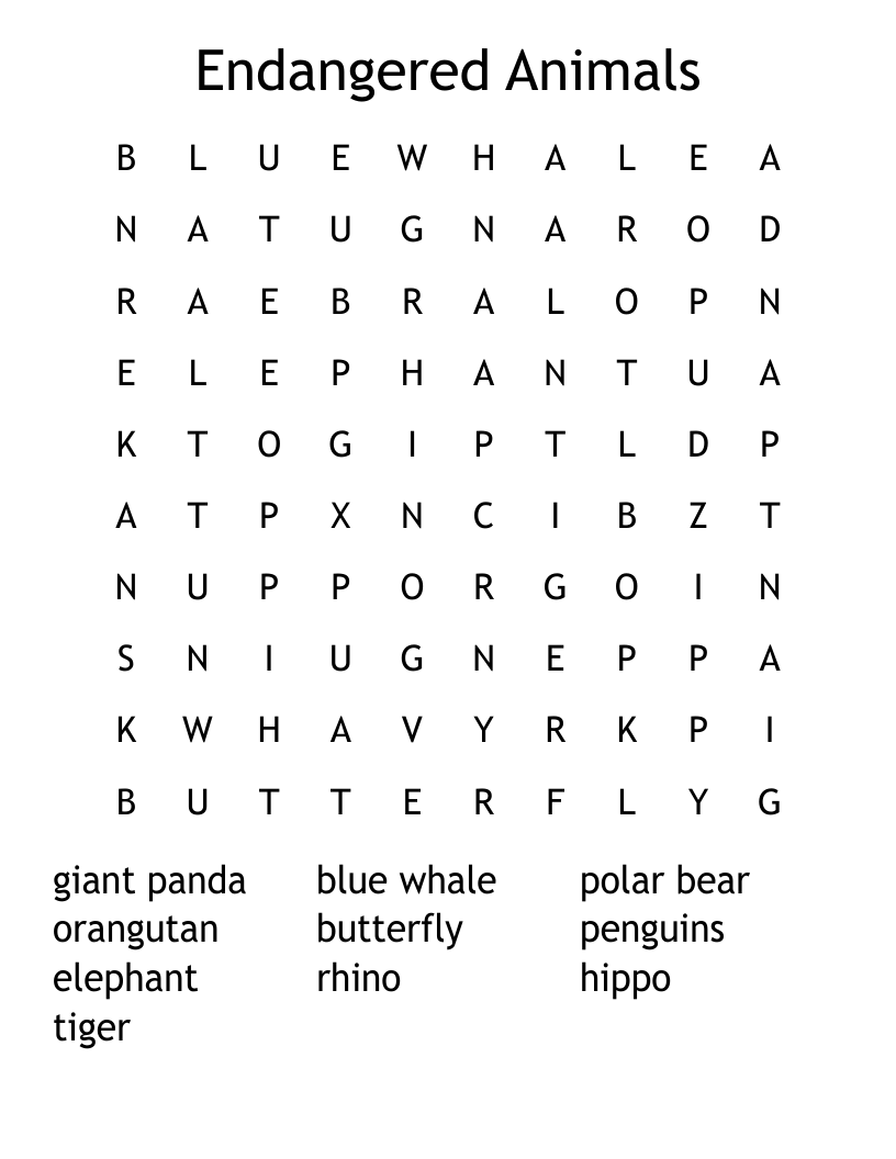 Endangered Animals Word Search