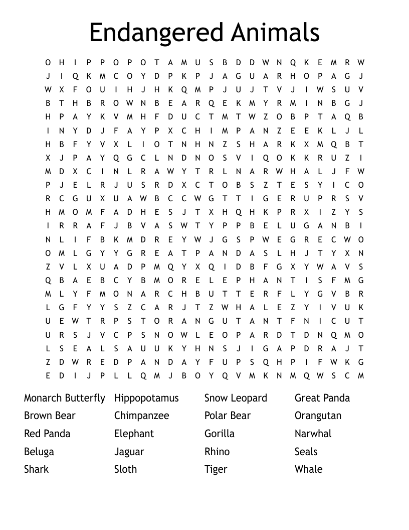 Endangered Animals Word Search
