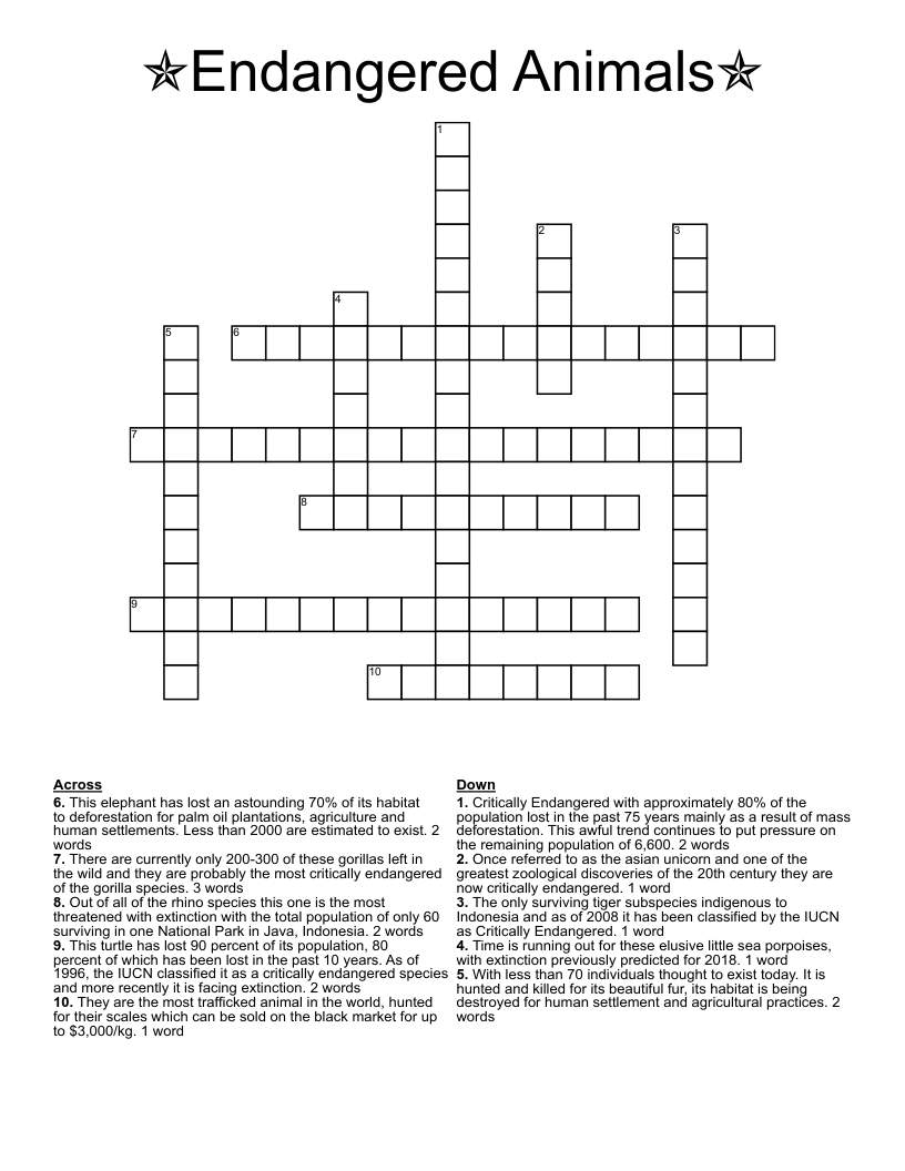 ✯Endangered Animals✯ Crossword