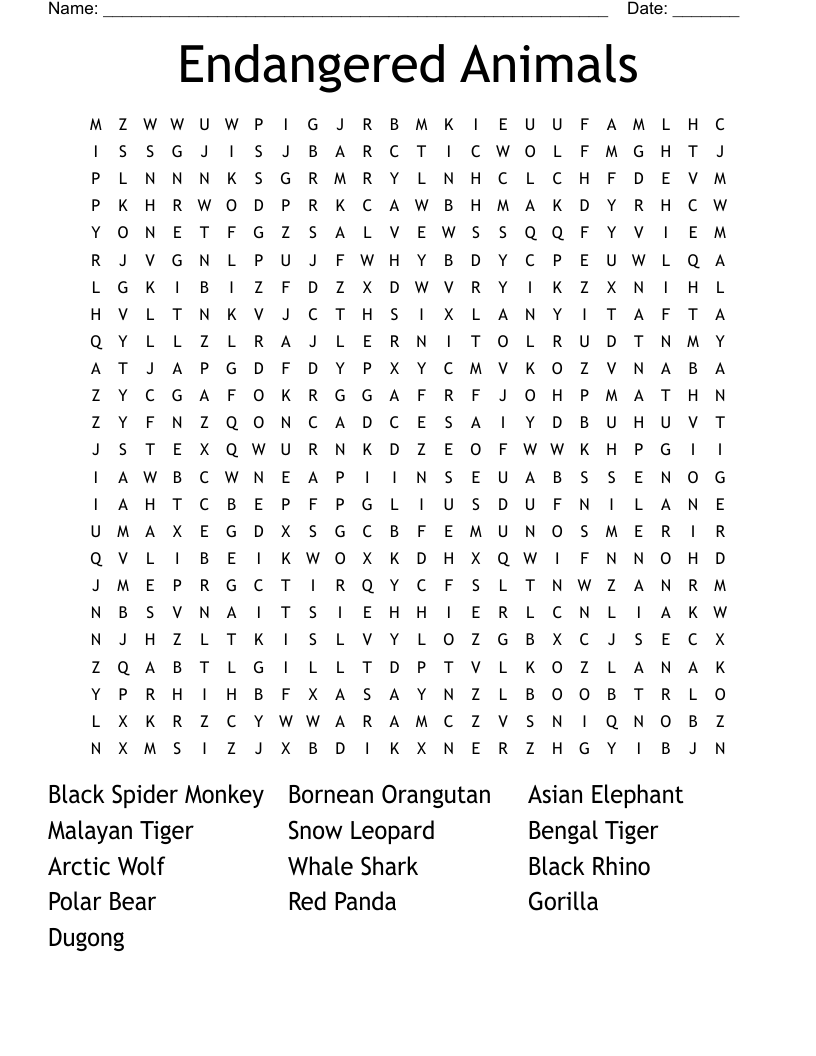 Endangered Animals Word Search
