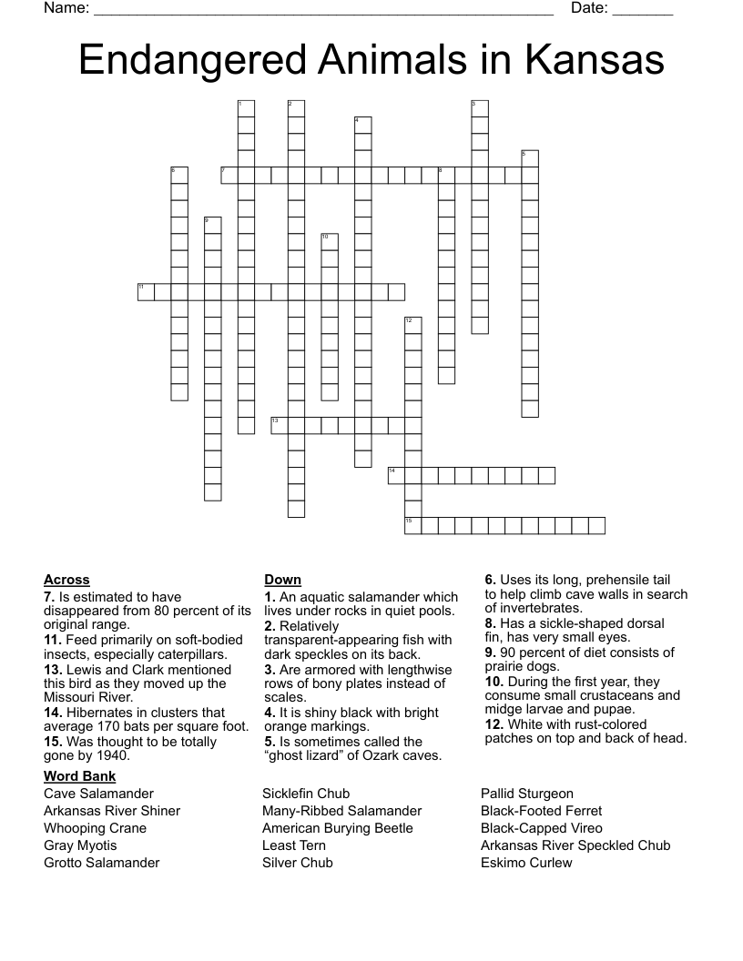 Endangered Animals in Kansas Crossword