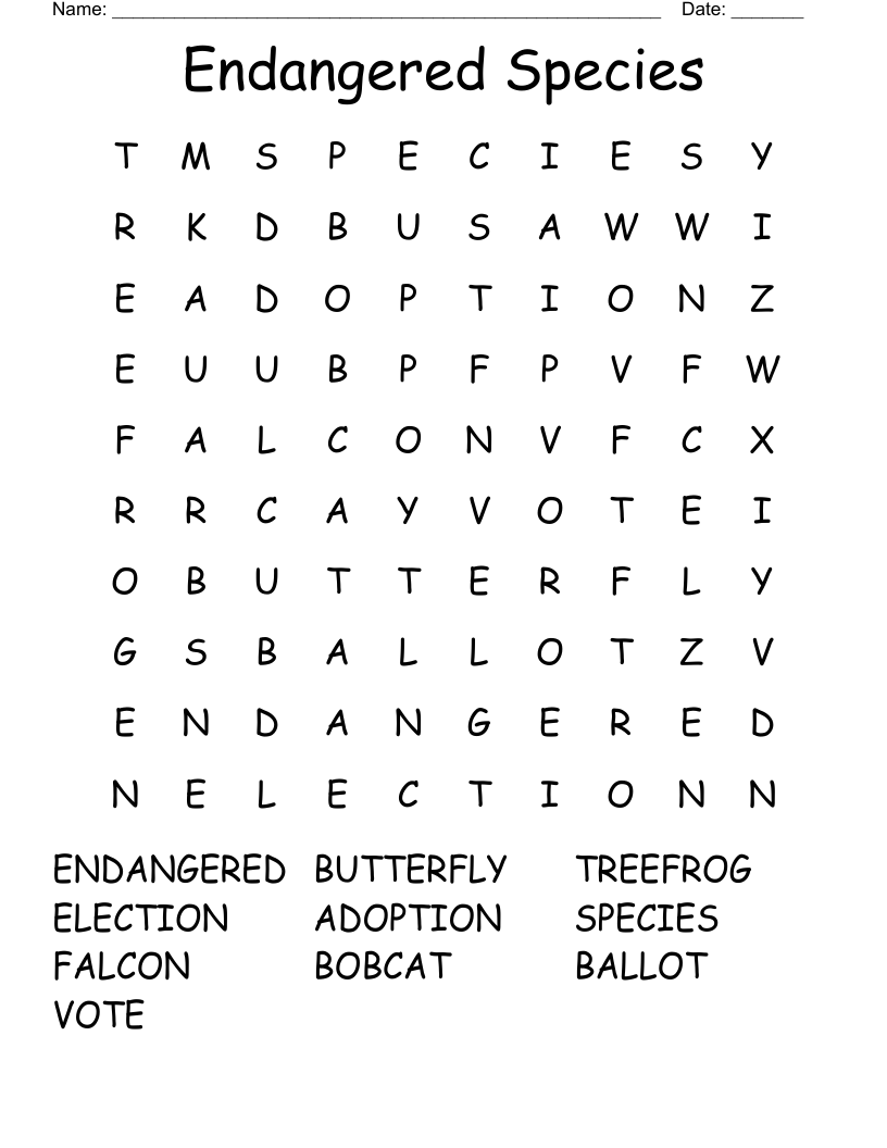 Endangered Species Word Search