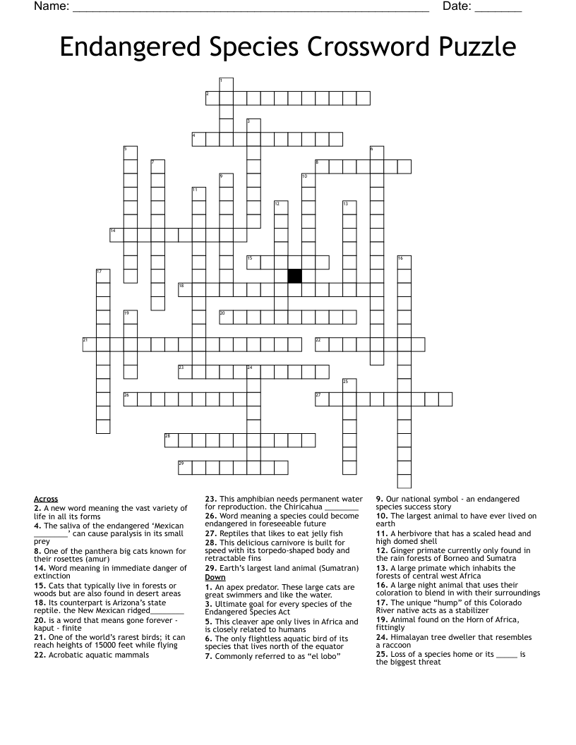 Endangered Species Crossword Puzzle