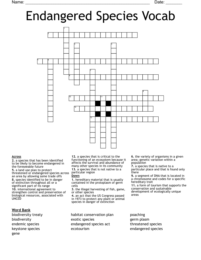Endangered Species Vocab Crossword