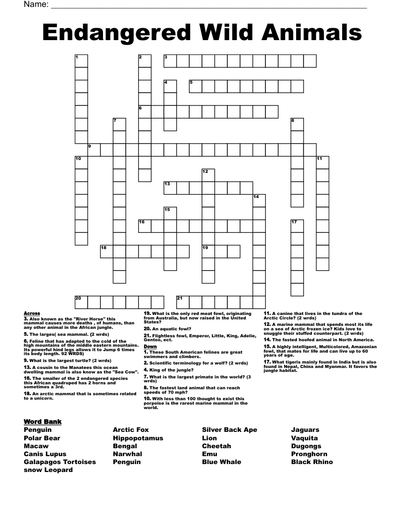 Endangered Wild Animals Crossword