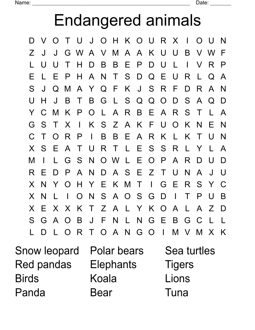 Endangered animals Word Search