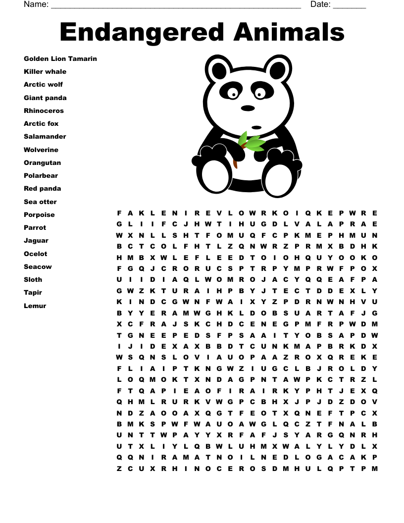 Endangered Animals  Word Search