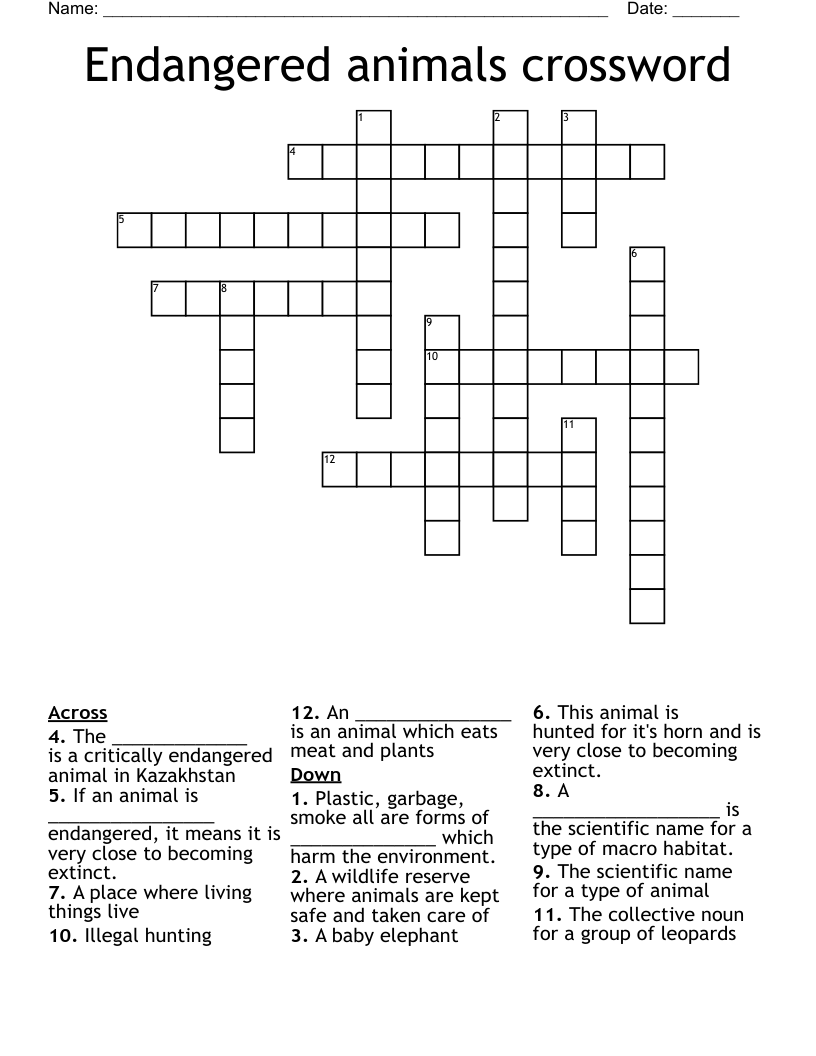 Endangered animals crossword