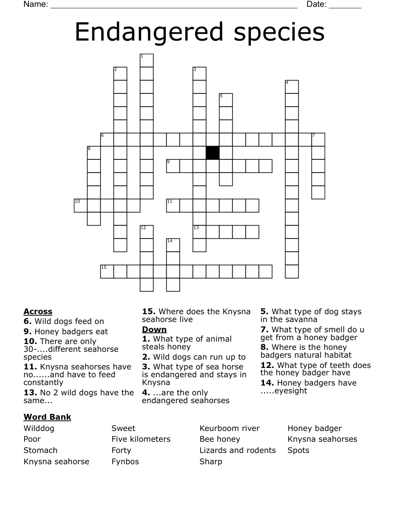Endangered species  Crossword
