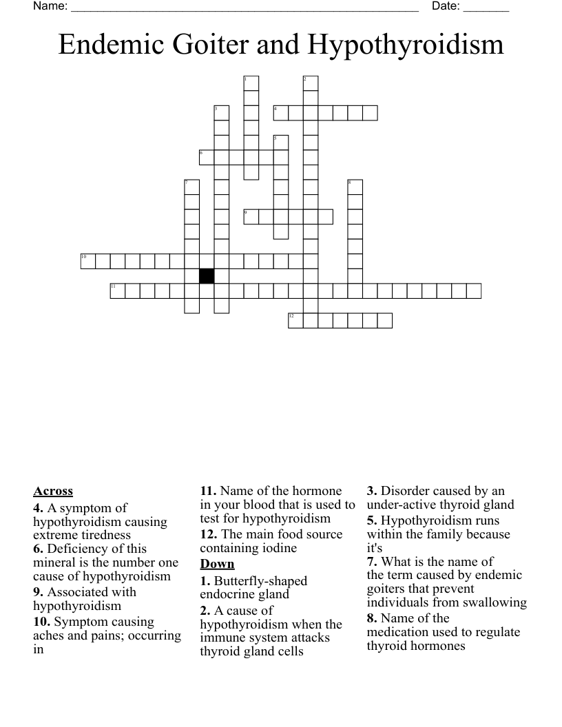 Endemic Goiter and Hypothyroidism Crossword