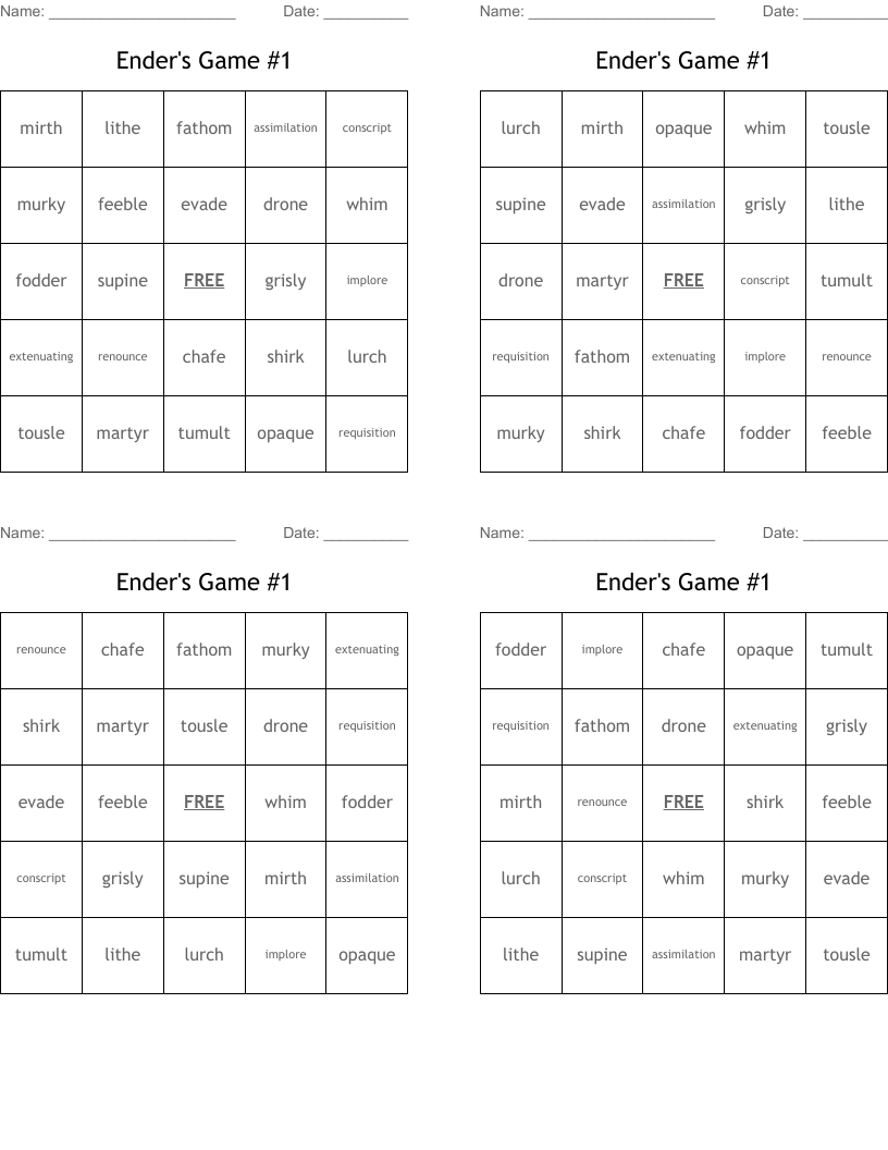Ender's Game #1 Bingo Cards