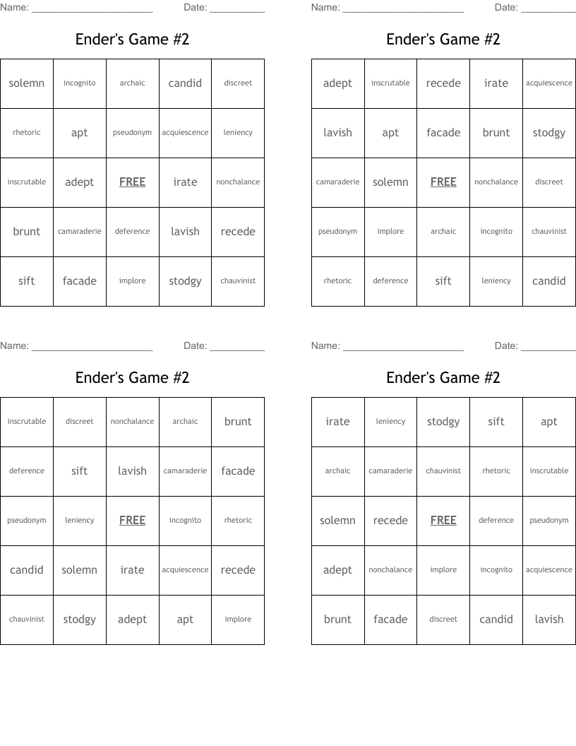 Ender's Game #2 Bingo Cards