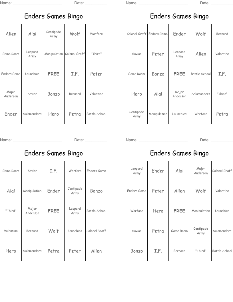 Enders Games Bingo 
