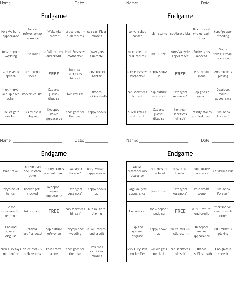 Endgame Bingo Cards
