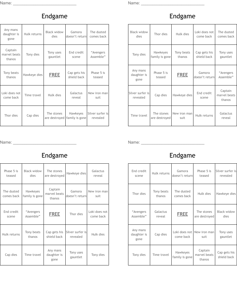 Endgame Bingo Cards