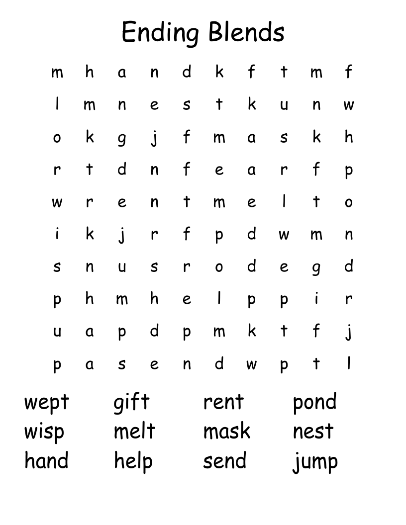 Ending Blends Word Search