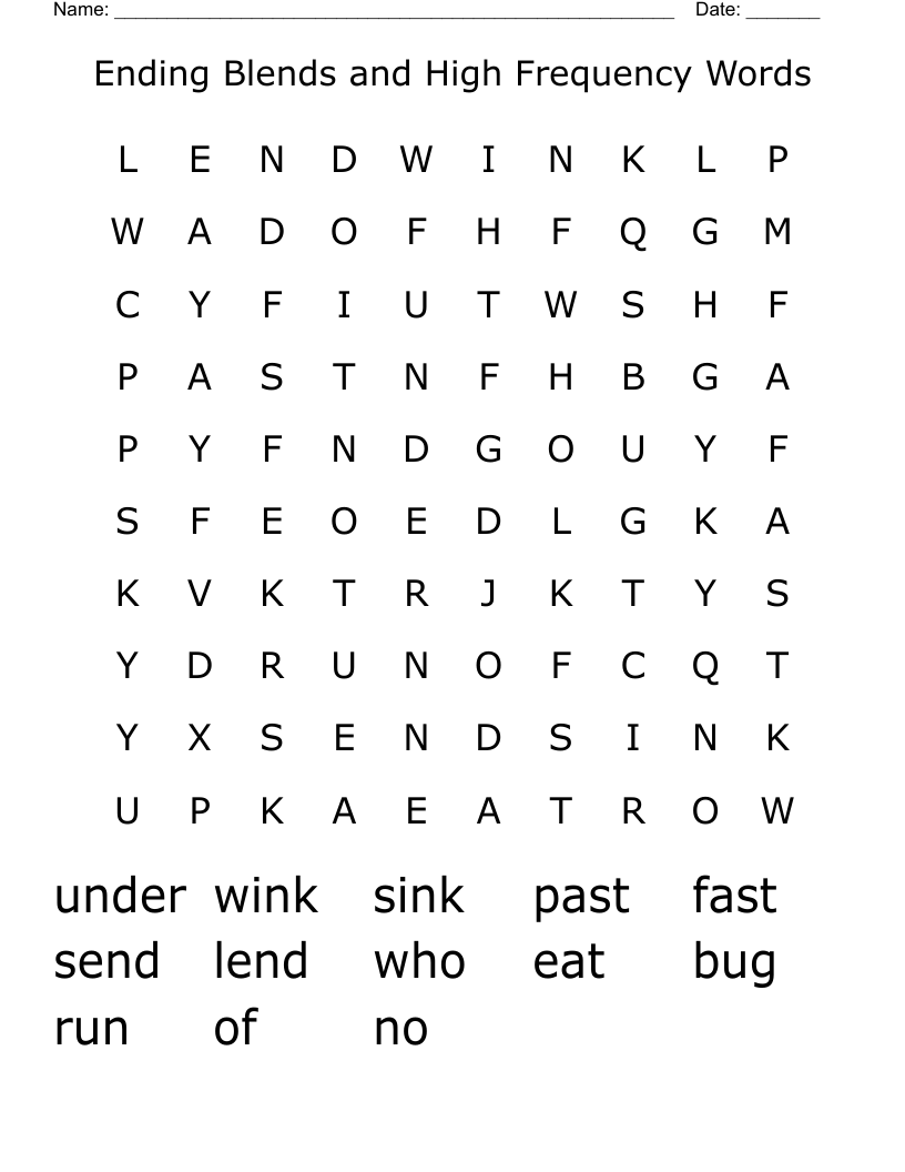 Ending Blends and High Frequency Words Word Search