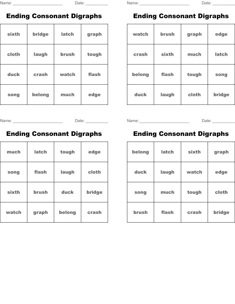 Ending Consonant Digraphs Bingo Cards