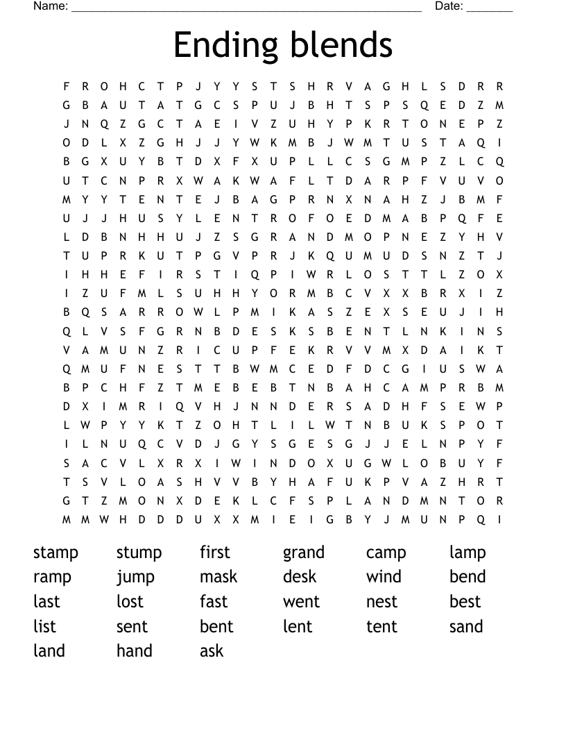 Ending blends Word Search
