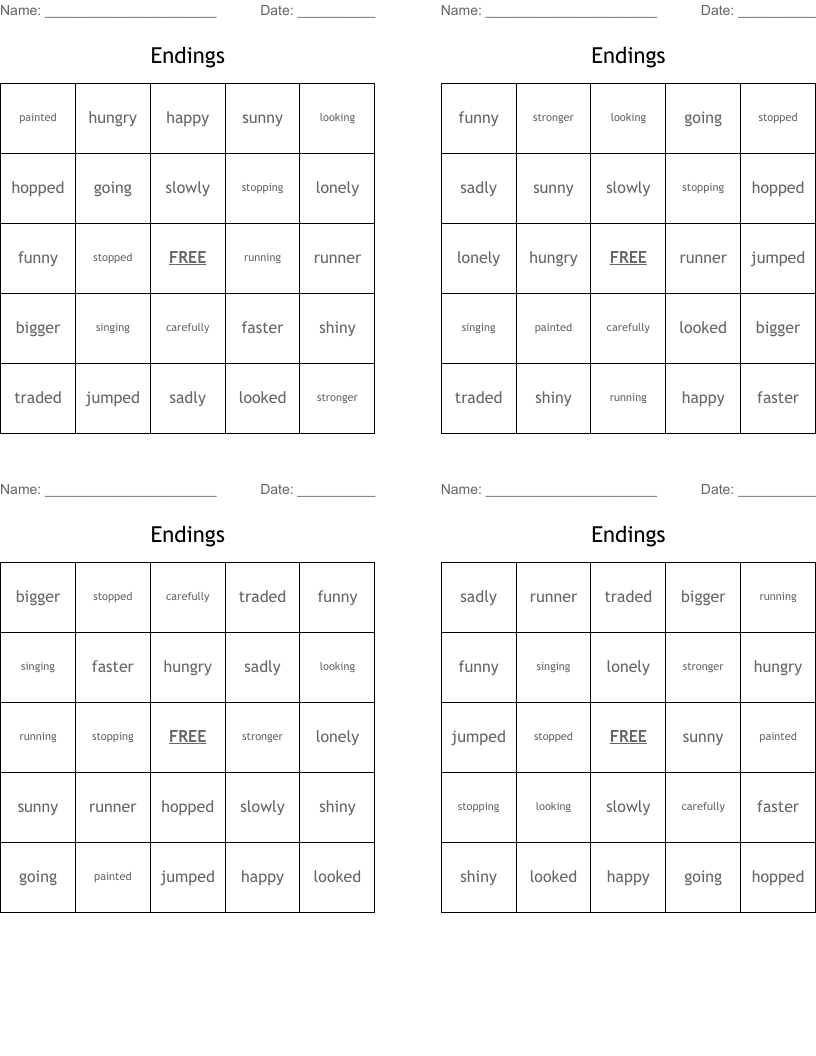 Endings Bingo Cards