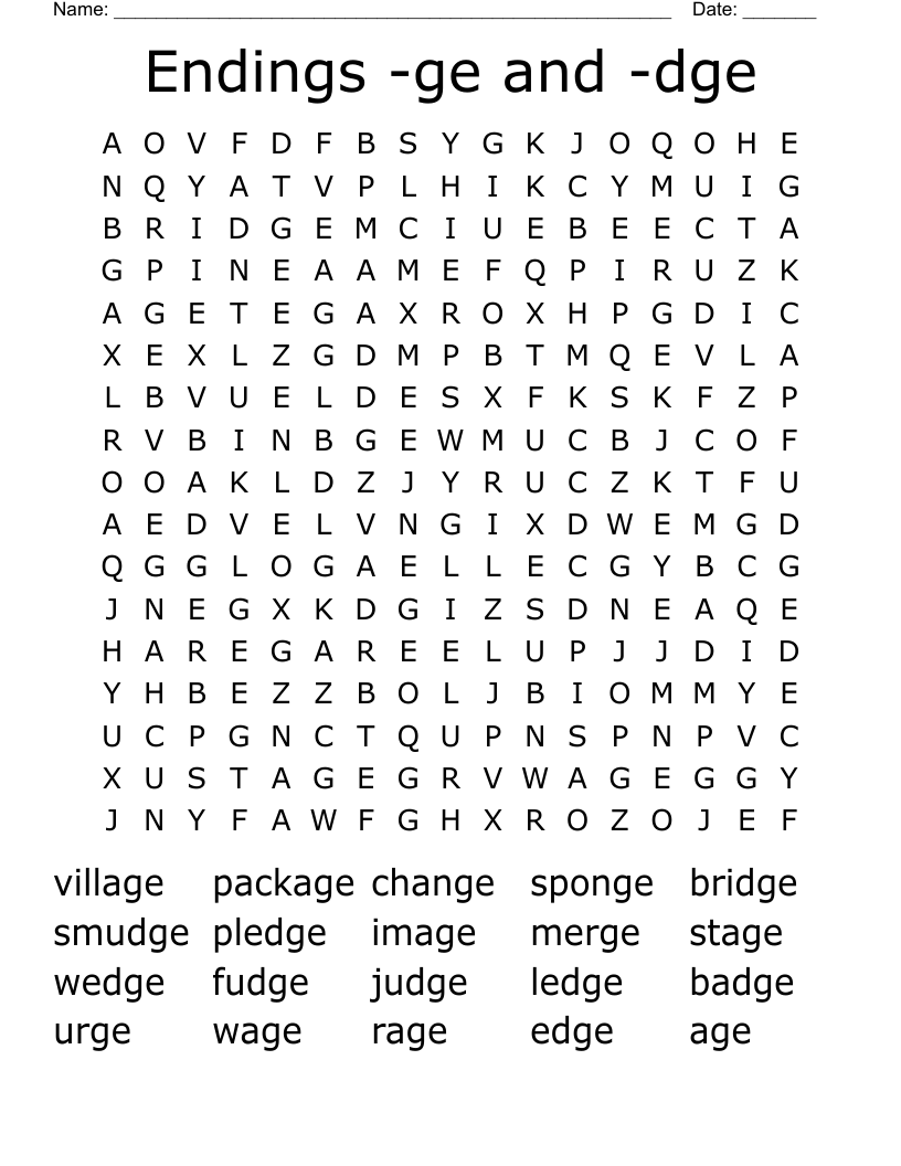 Endings -ge and -dge Word Search