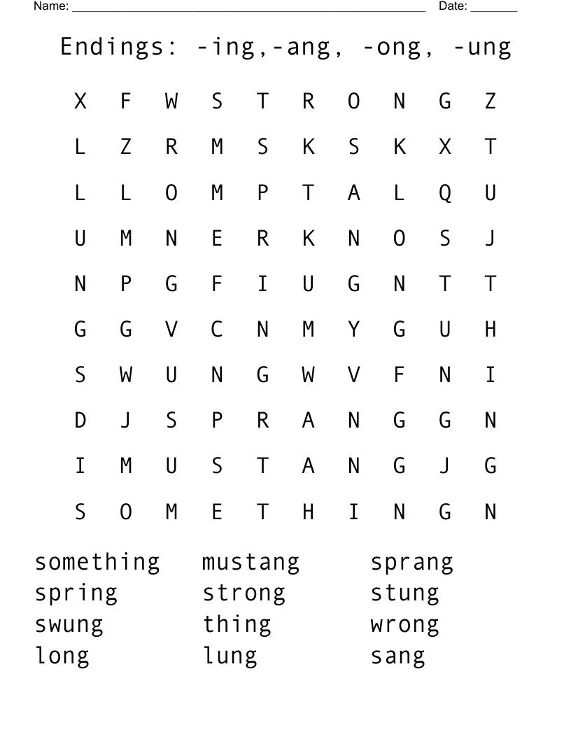 Endings: -ing,-ang, -ong, -ung Word Search