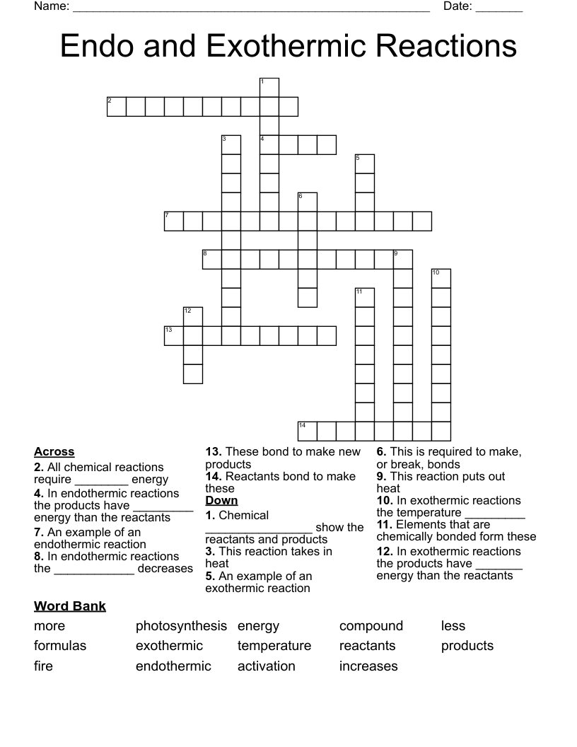 Endo and Exothermic Reactions Crossword