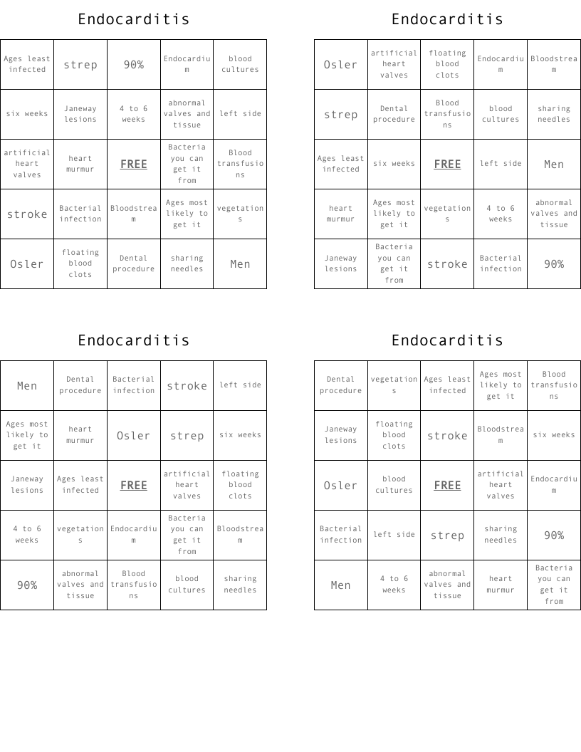 Endocarditis Bingo Cards