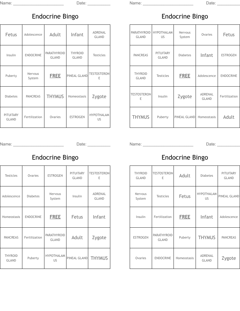 Endocrine Bingo