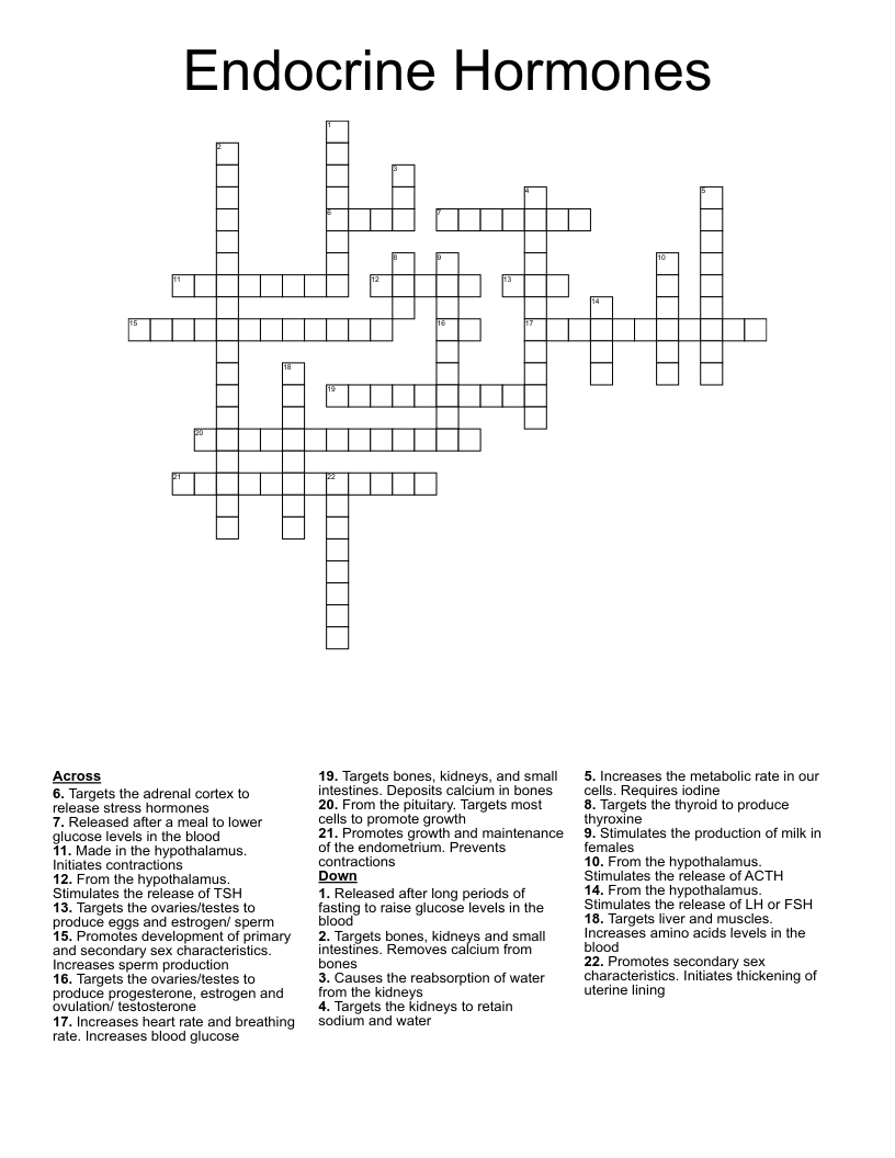 Endocrine Hormones Crossword