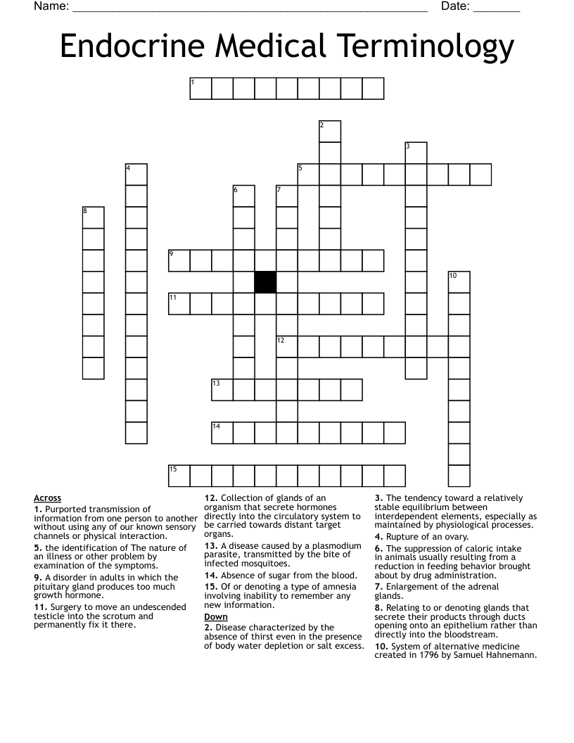 Endocrine Medical Terminology Crossword