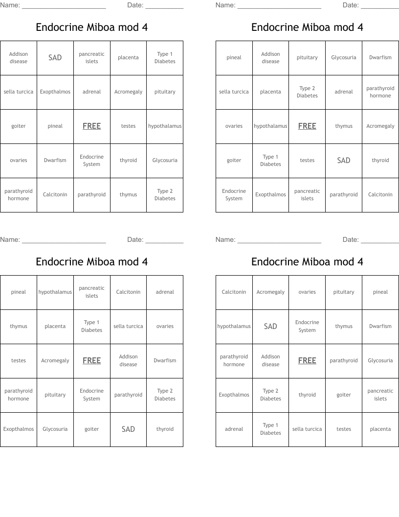 Endocrine Miboa mod 4  Bingo Cards