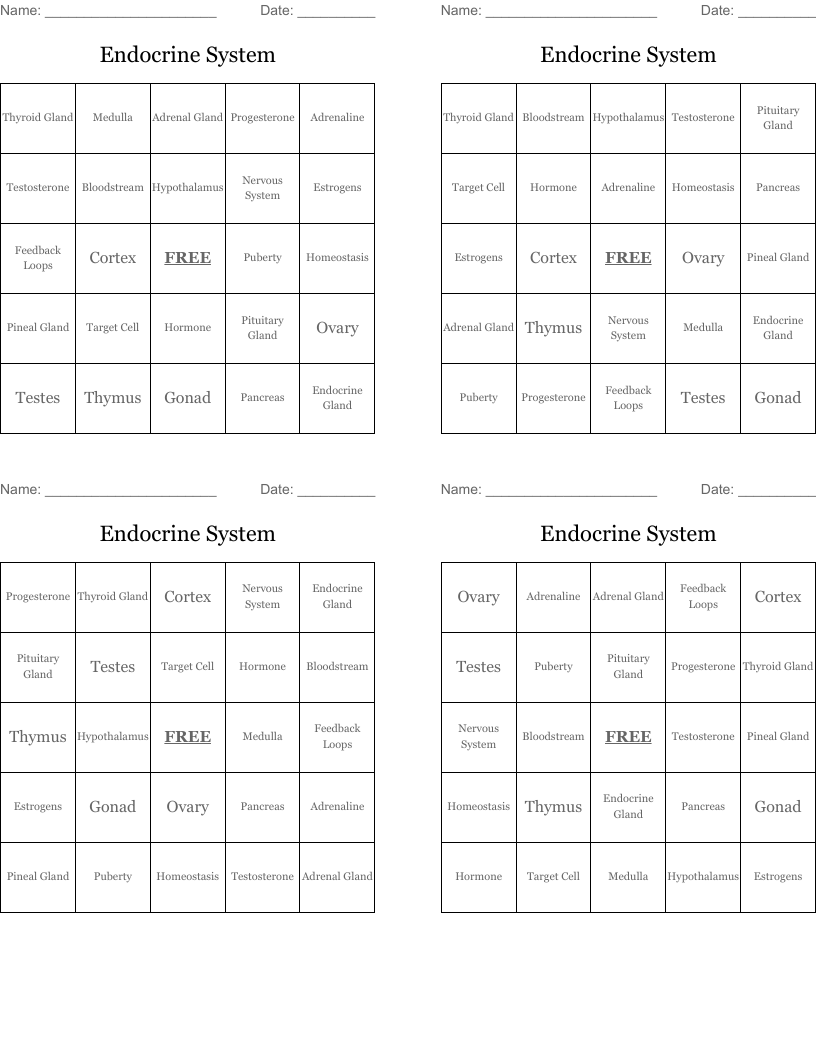 Endocrine System Bingo Cards