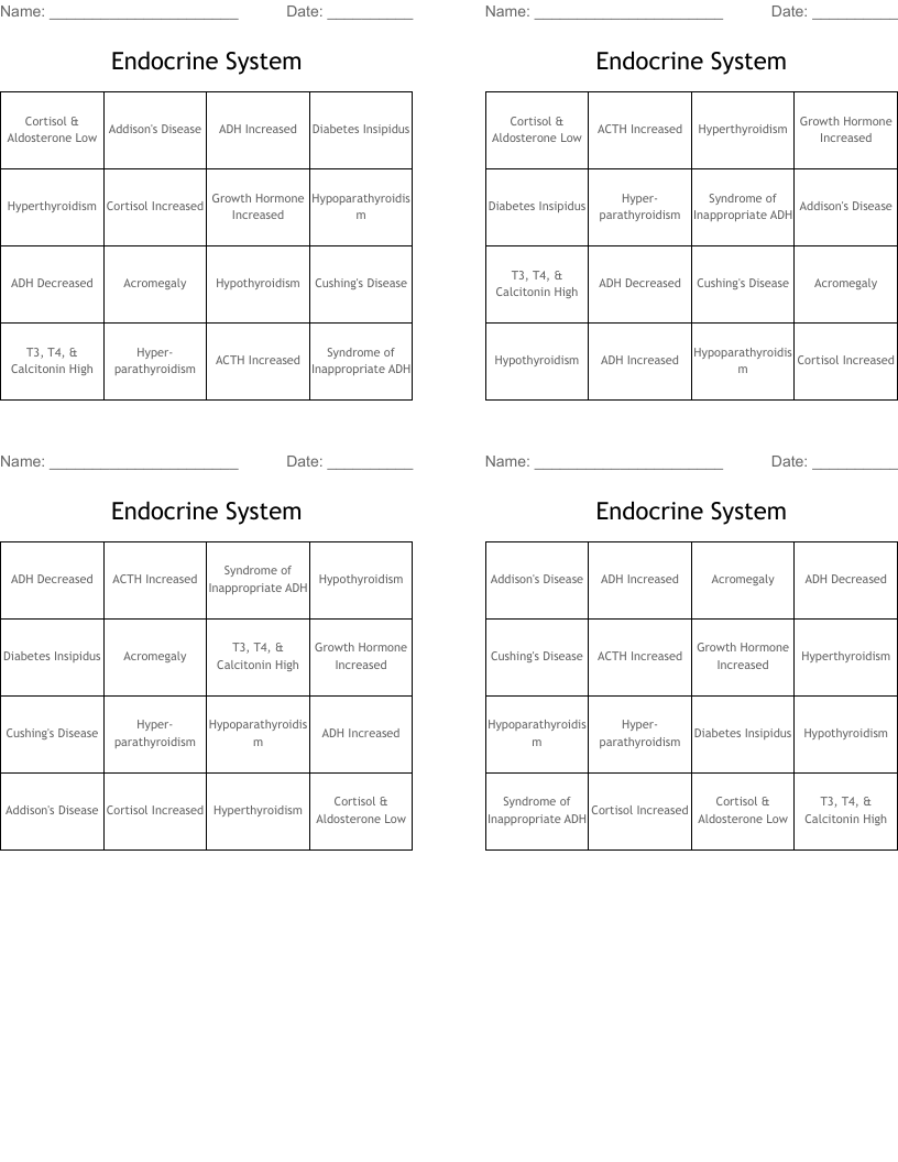 Endocrine System Bingo Cards