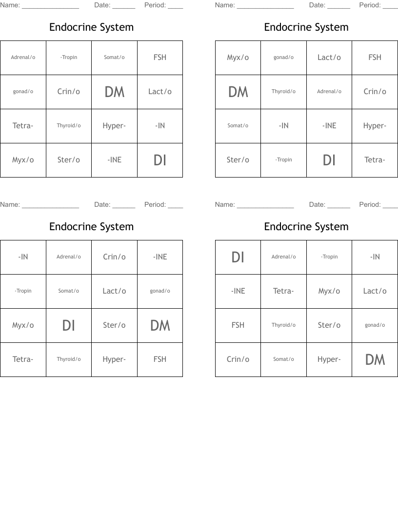Endocrine System Bingo Cards