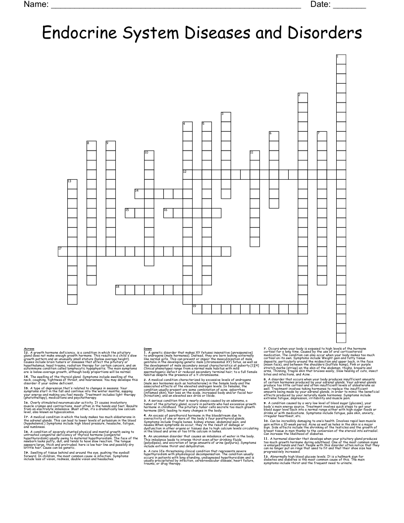 Endocrine System Diseases and Disorders Crossword