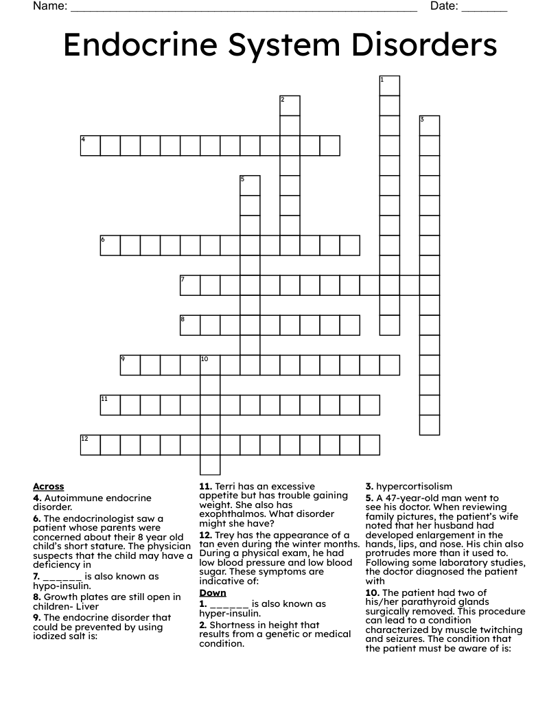 Endocrine System Disorders  Crossword