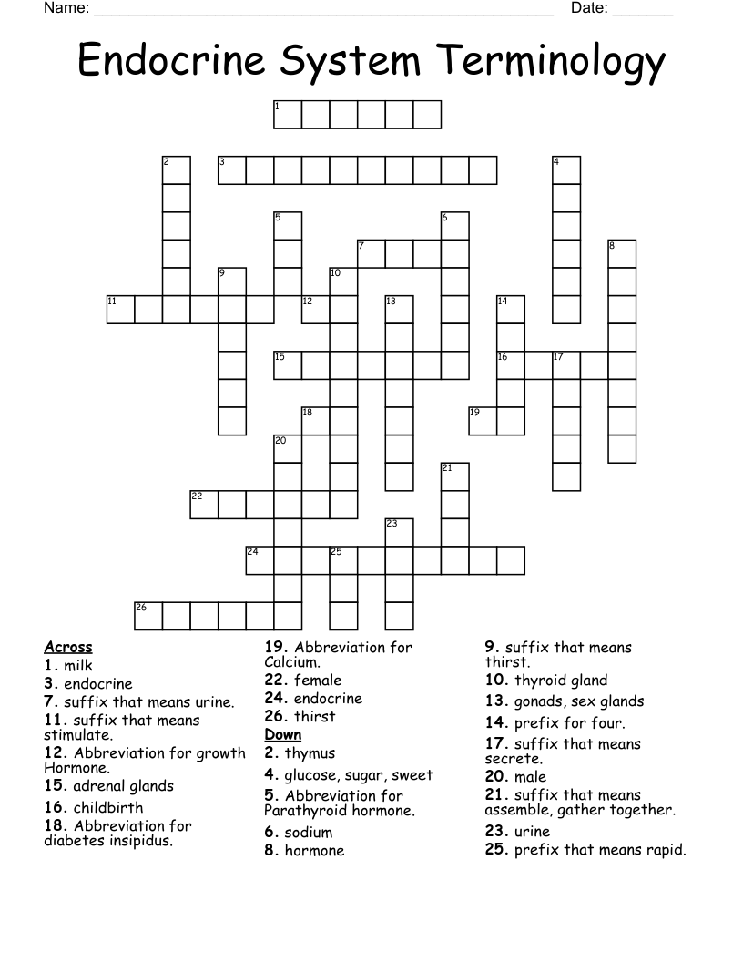 Endocrine System Terminology Crossword