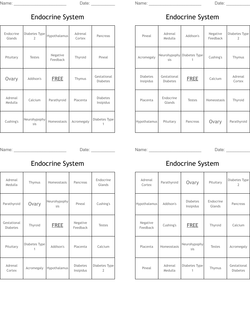 Endocrine System  Bingo Cards