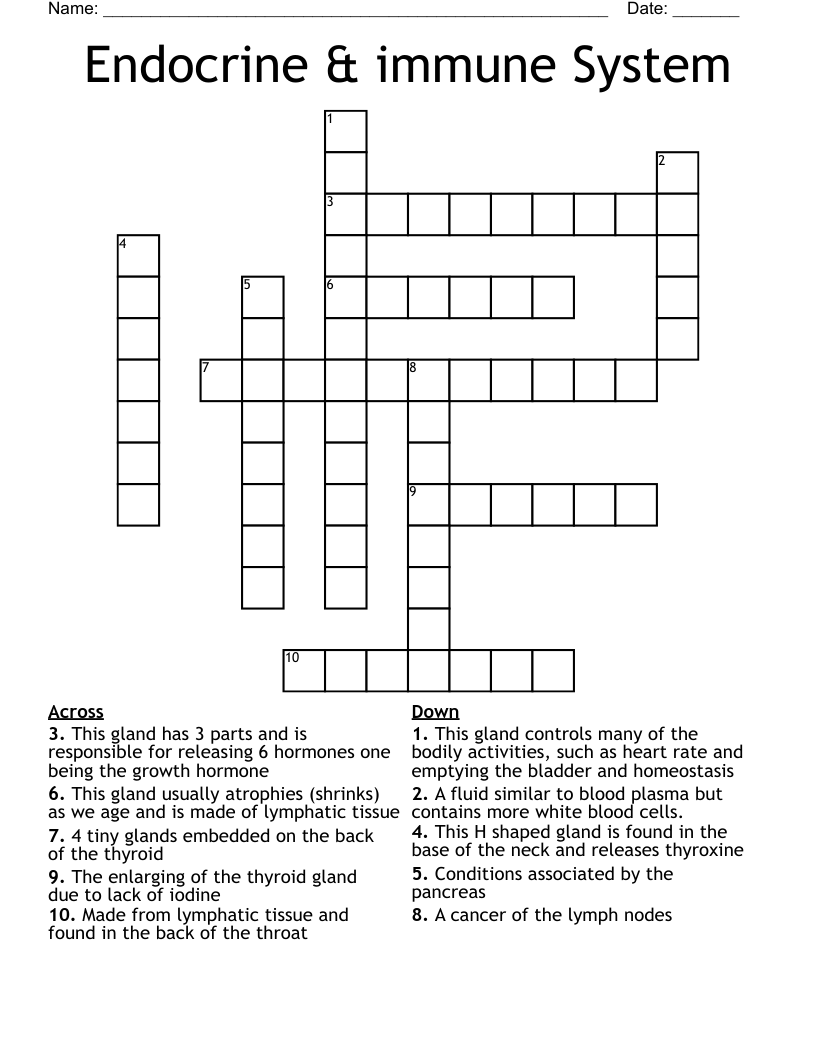 Endocrine & immune System Crossword