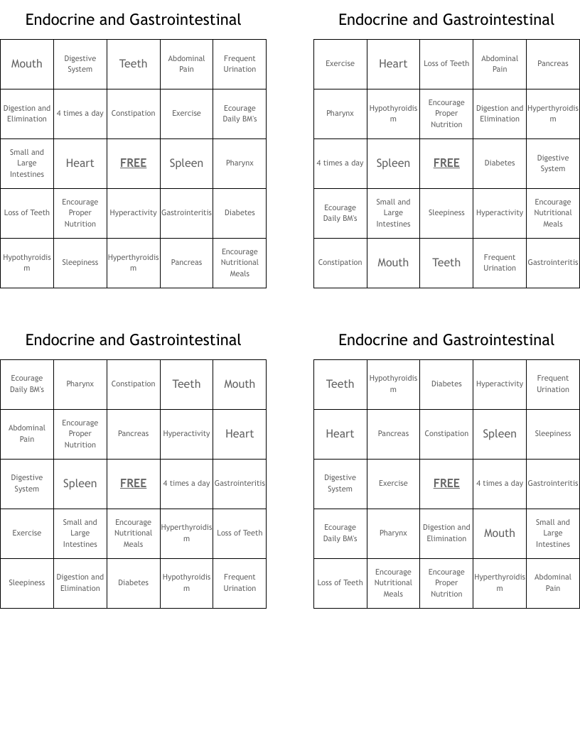 Endocrine and Gastrointestinal Bingo Cards