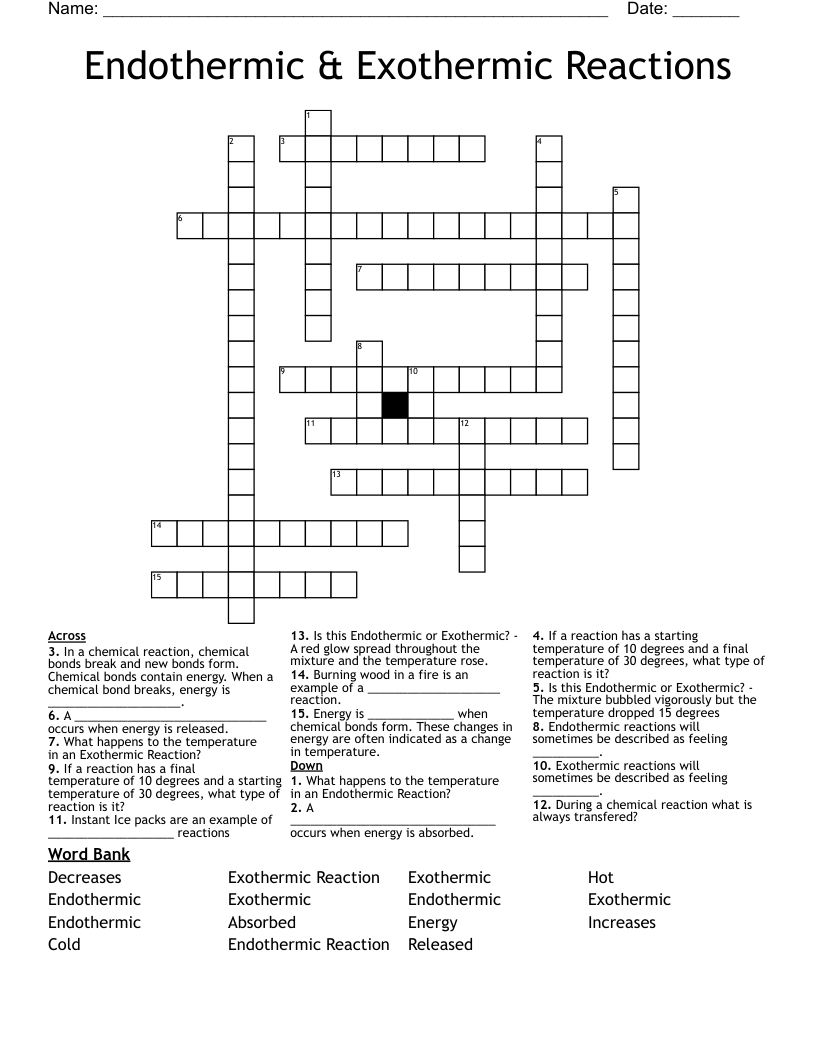 Endothermic & Exothermic Reactions Crossword