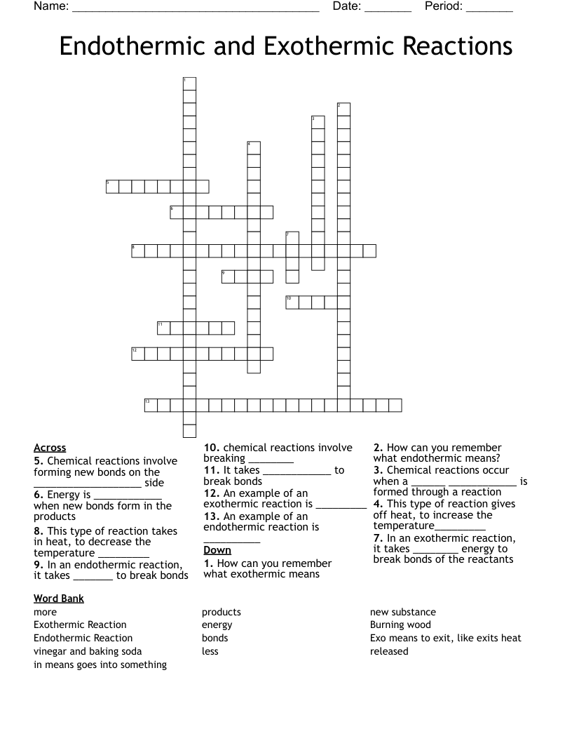 Endothermic and Exothermic Reactions Crossword