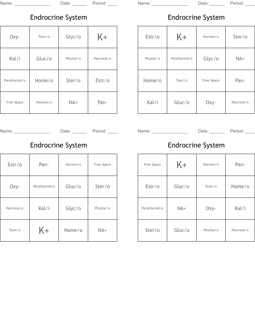 Endrocrine System  Bingo Cards