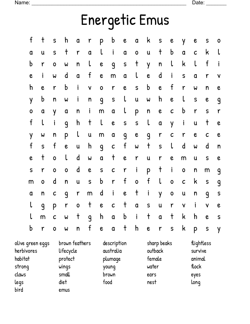 Energetic Emus Word Search